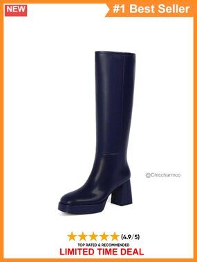 Knee High Boots Chunky Platform Faux Leather Zip Square Toe